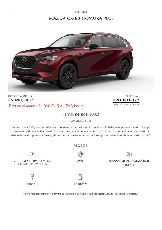 Mazda CX-80 2.5 e-Skyactiv AT8 AWD PHEV Homura Plus 2025